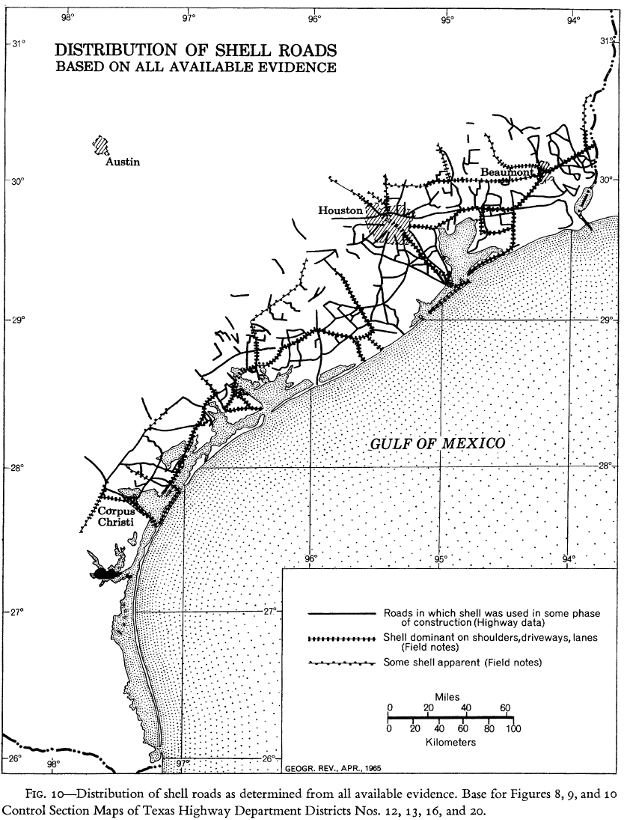 Map showing the distribution of shell roads across the Texas coast